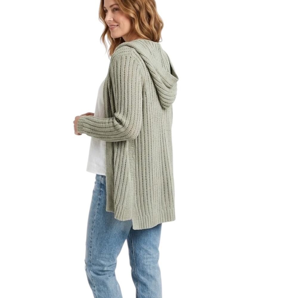 J Jill Weave Knit Open-Front Hooded Cardigan Women S Sage Green Cotton Blend